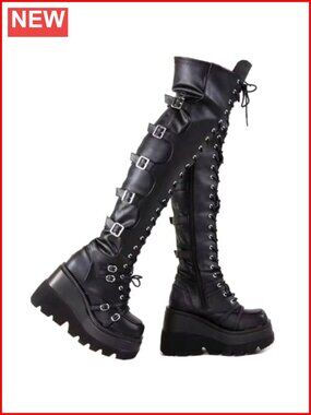 Platform Over Knee Thigh High Boots Chunky Heel Buckle Side Zip Faux Leather